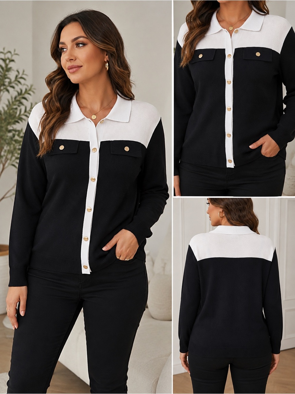 By Design White and Black Colorblock Polo Cardigan with Gold Button